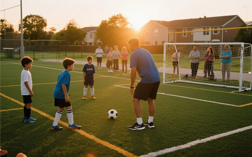 北美社区青少年在傍晚球场训练，家长在场边观看的画面